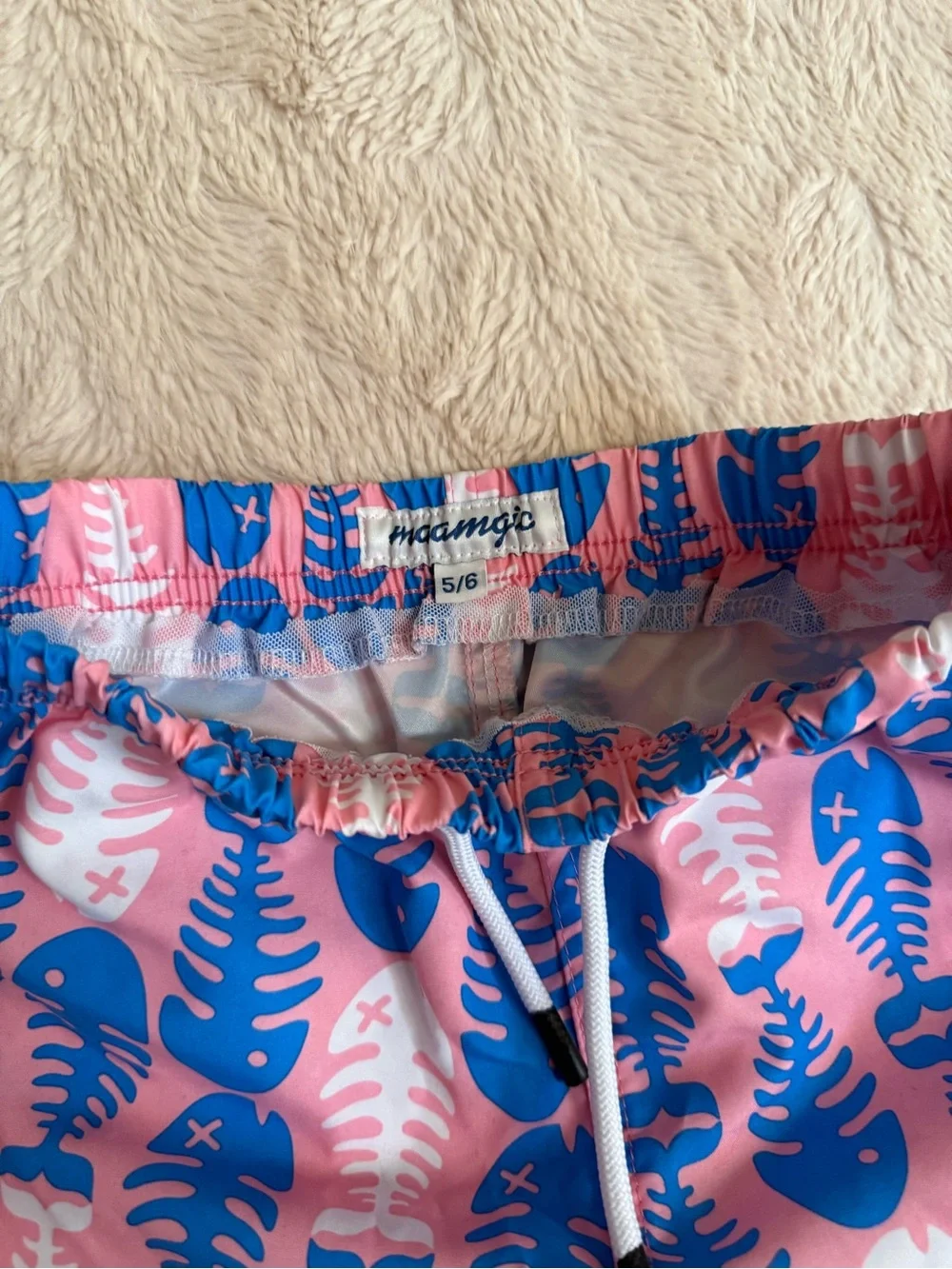 Kids Pink & Blue Fishbone Pattern Swim Trunks